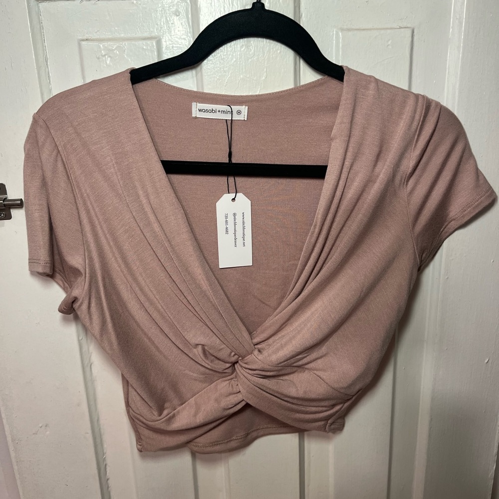 Soft light brown twist crop top with sleeves!